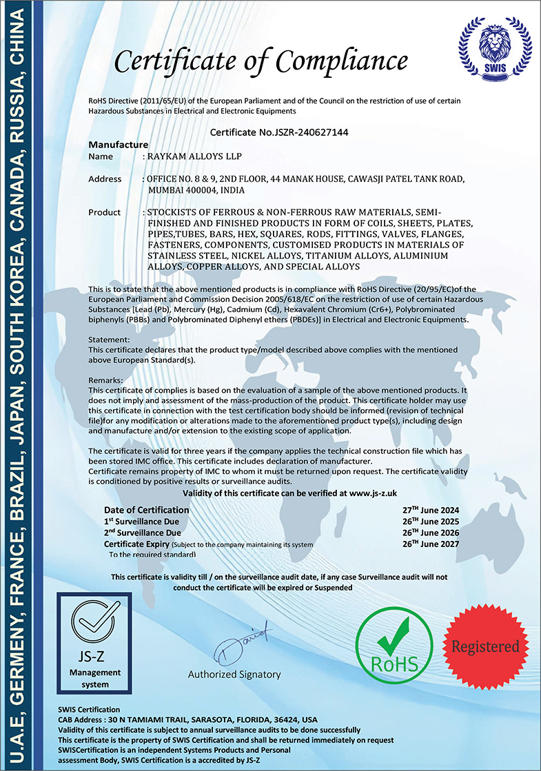 Raykam Alloys LLP ROHS Compliance Certificate